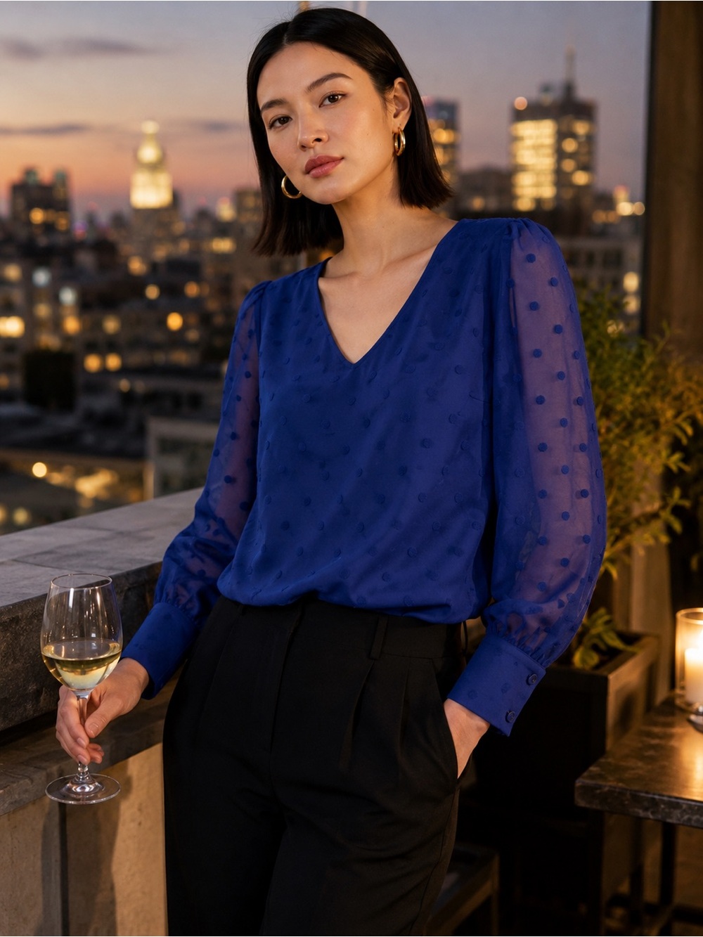 J.Crew NWT Royal Blue Swiss Dot Blouse Sheer Puff Sleeves V Neck Medium